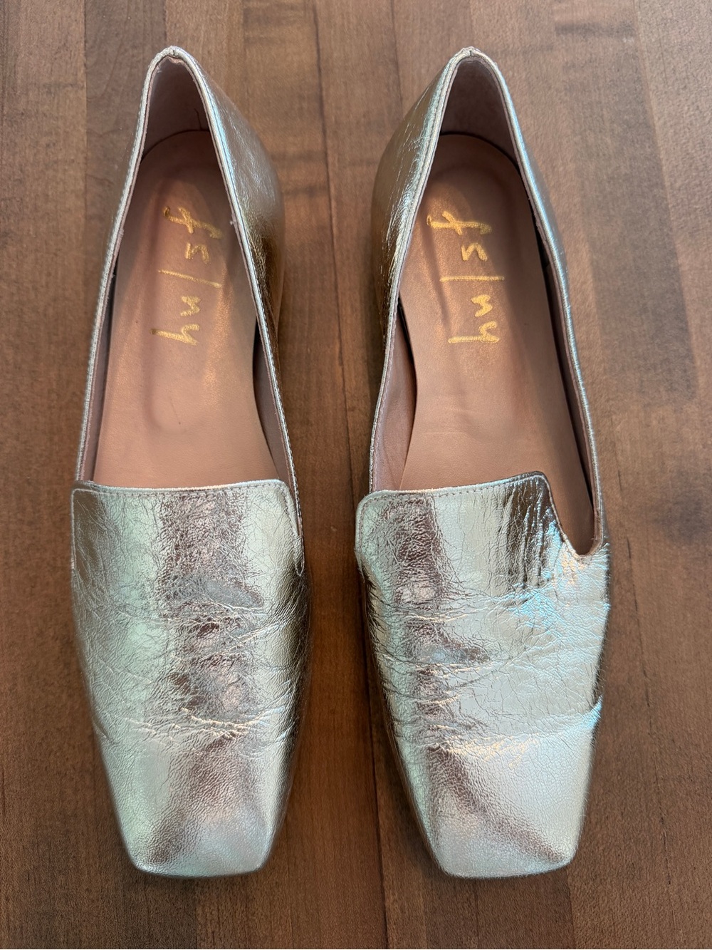 💜 French Soles FS/NY Gold Crinkle Square Toe Metallic Loafers 💜
